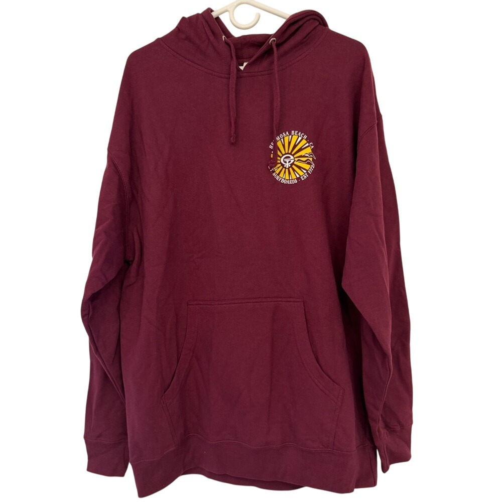 ET Surfboards Hermosa Beach CA Graphic Hoodie Maroon XL Sunburst Logo 1972